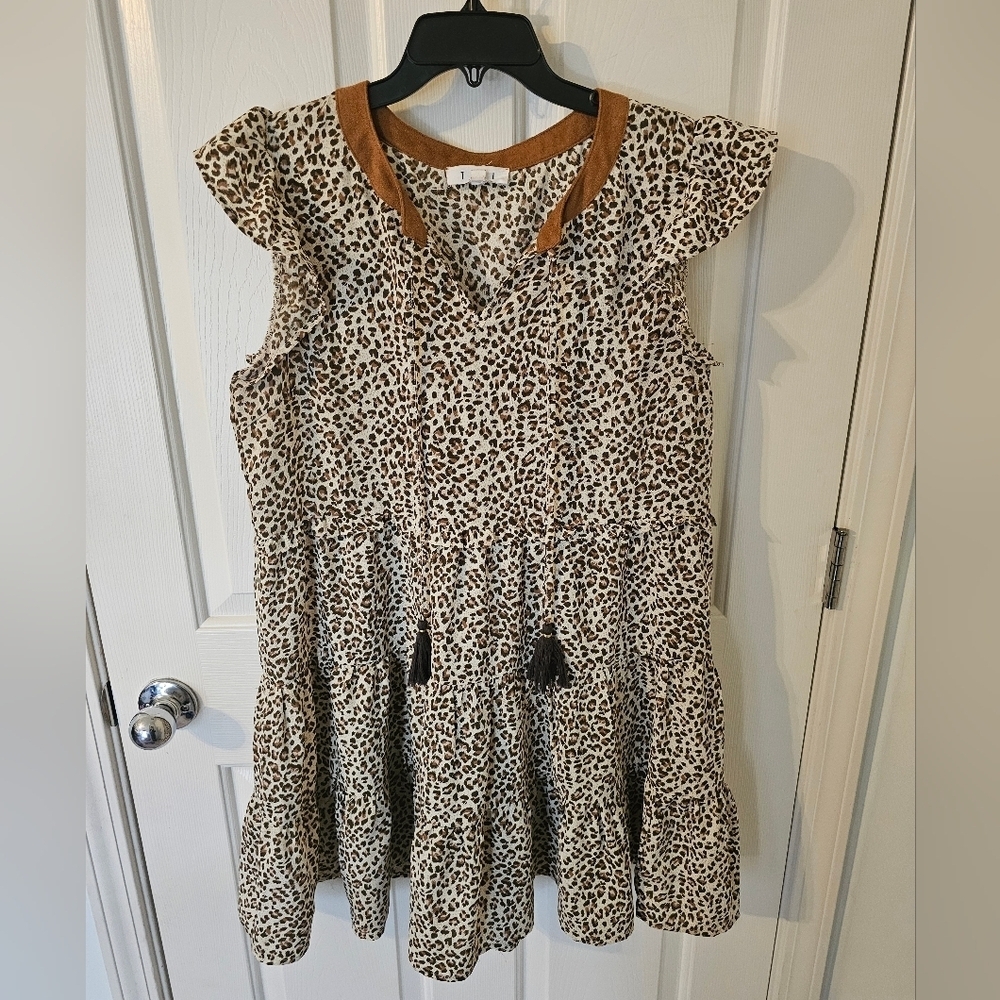 THML Cream and Brown Leopard Print Tiered Dress with Tassels